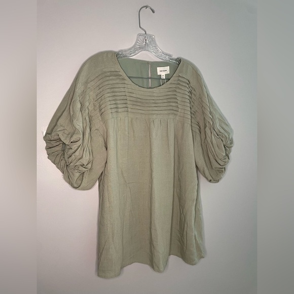 Heyson Women's NWT Sage Green Short Sleeve Blouse Pleated Shirt Puff Sleeve Top - Picture 14 of 16
